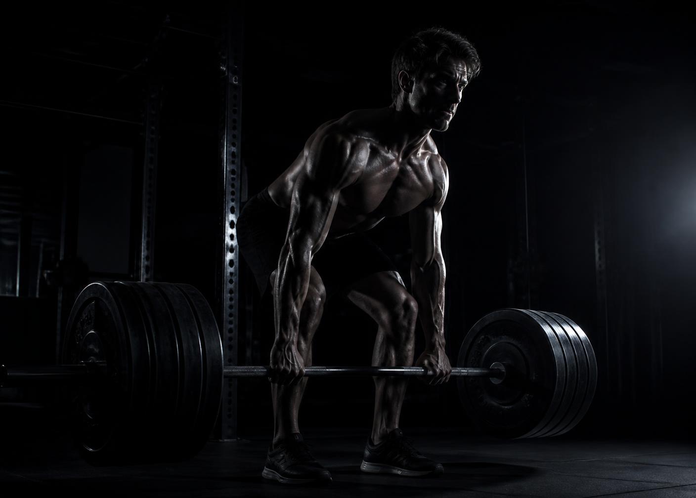 Athlete performing a heavy barbell lift in a dark private gym